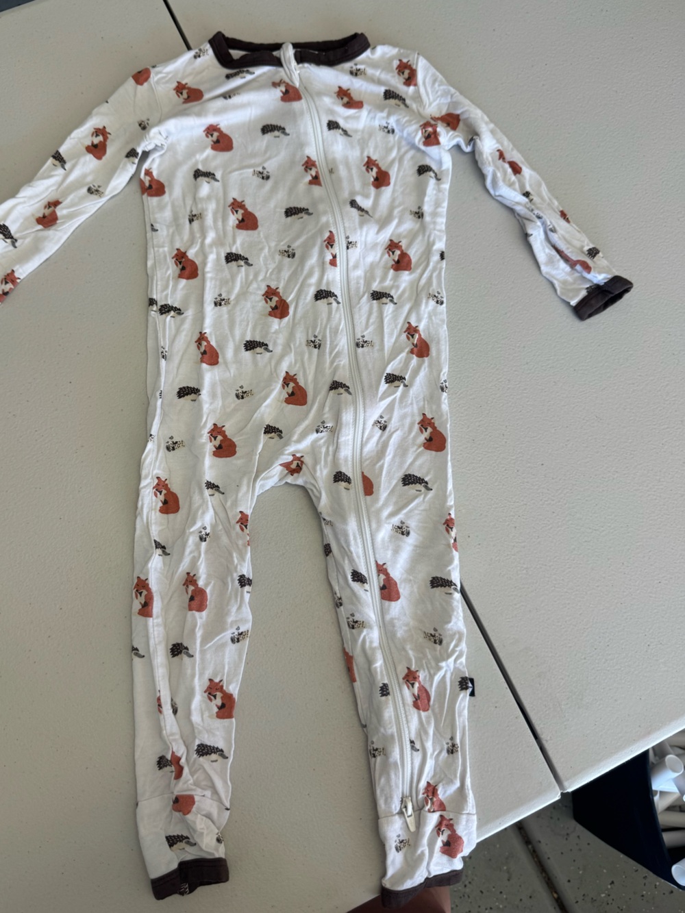 Kyte Baby White Footless Sleeper with Brown Trim and Fox Motif